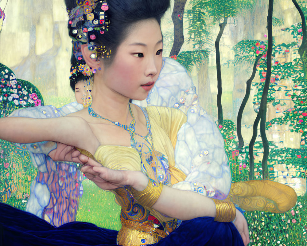 Traditional Asian attire painting featuring woman with intricate hair ornaments amidst blossoming trees.
