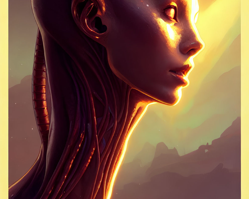 Elongated bald humanoid with glowing skin against mountainous sunset.