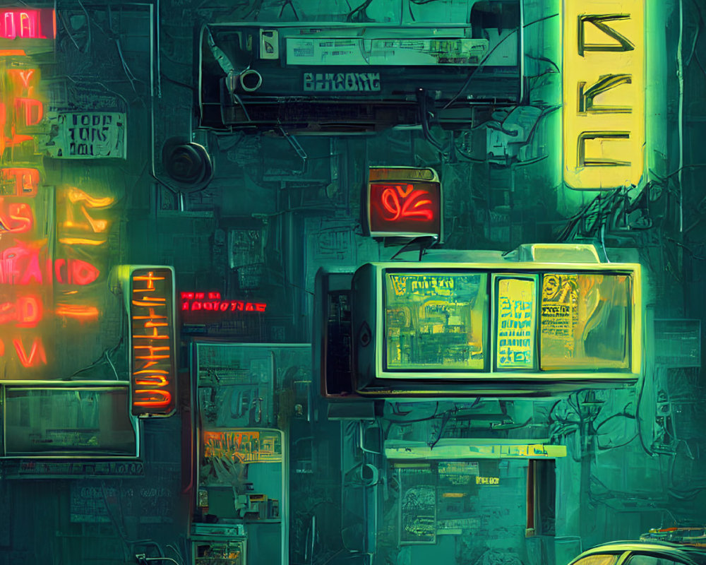 Neon-soaked cyberpunk alley at night with glowing signs, capsule, motorcycle, car, and