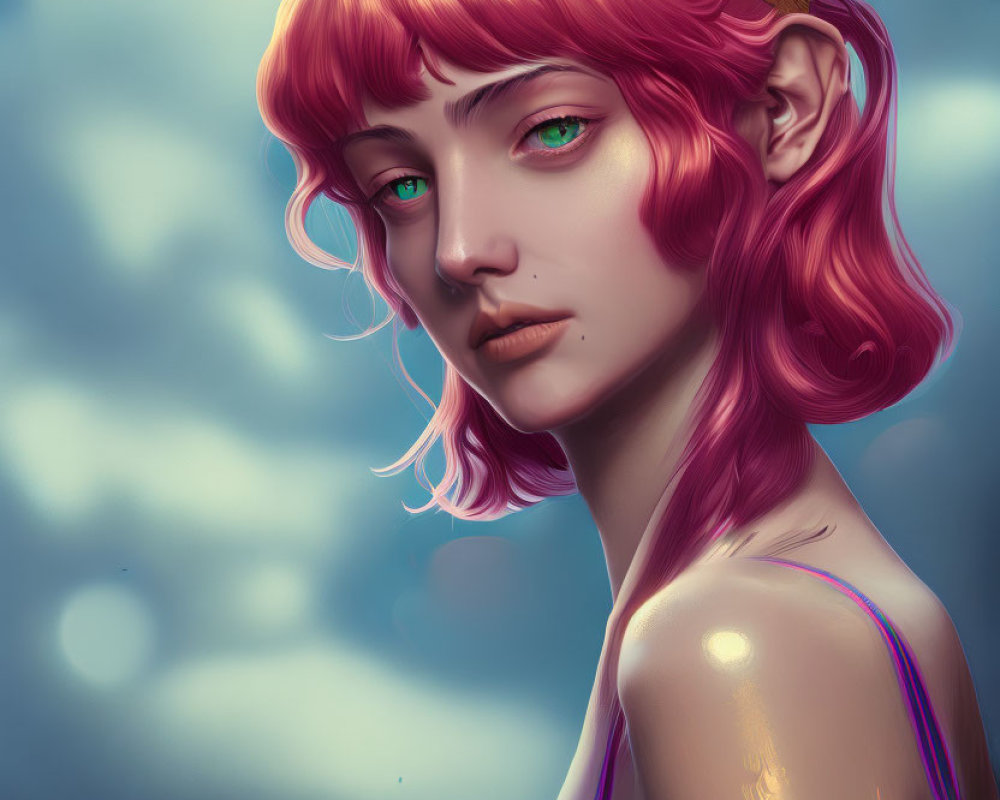Fantasy female character with pink hair and pointed ears against cloudy sky