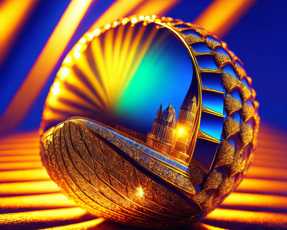 Colorful Ornate Spherical Object Reflecting Distorted Staircase and Architecture at Sunset