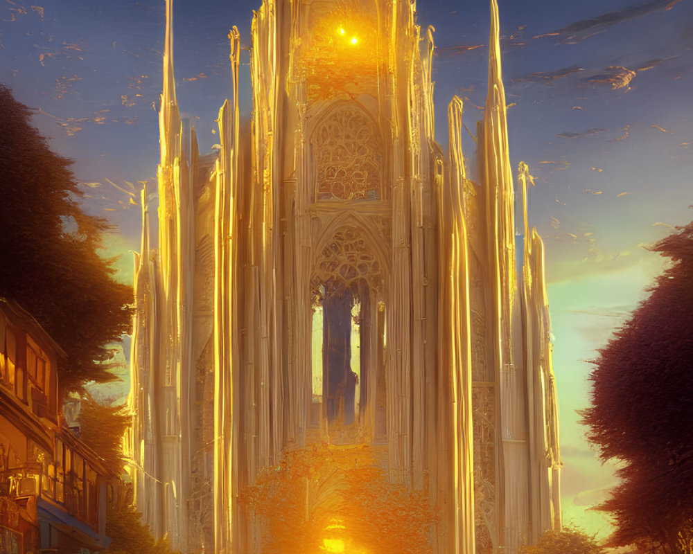 Gothic cathedral at sunset with golden light on street.