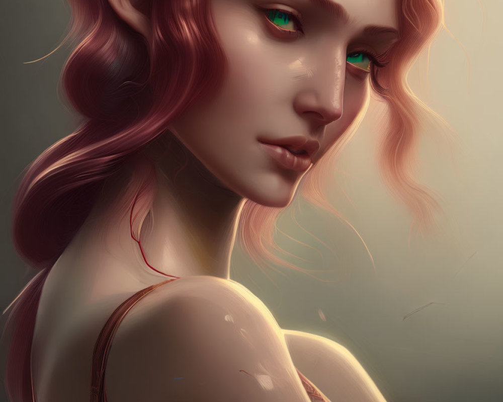 Woman with red hair, green eyes, and gold shoulder tattoos.