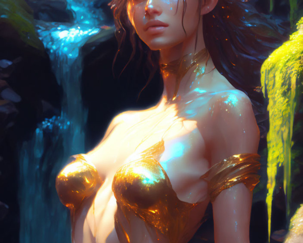 Golden-skinned woman with dark hair in waterfall setting