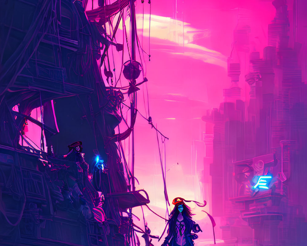Futuristic pirate scene with neon lights and cityscape in purple haze