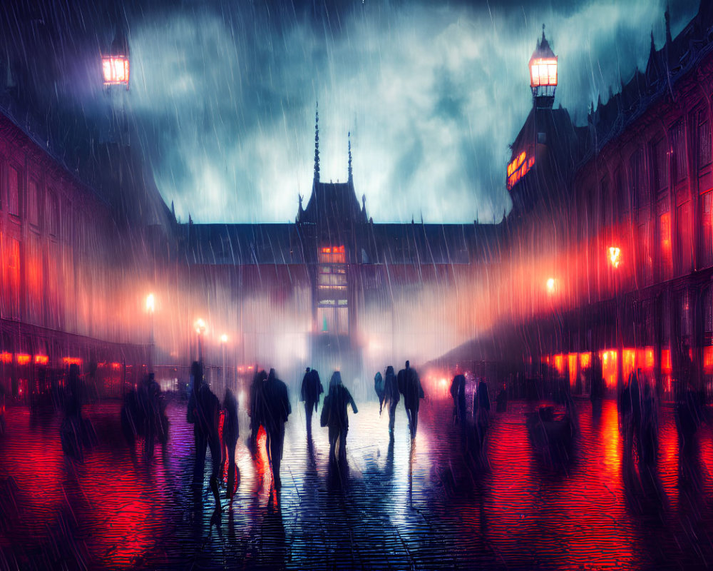Silhouetted figures walking in the rain at night with red lights and gothic architecture