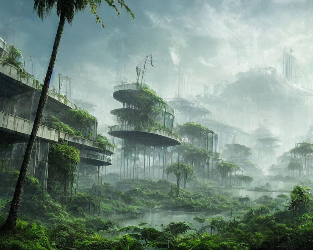 Futuristic buildings blend with lush jungle landscape
