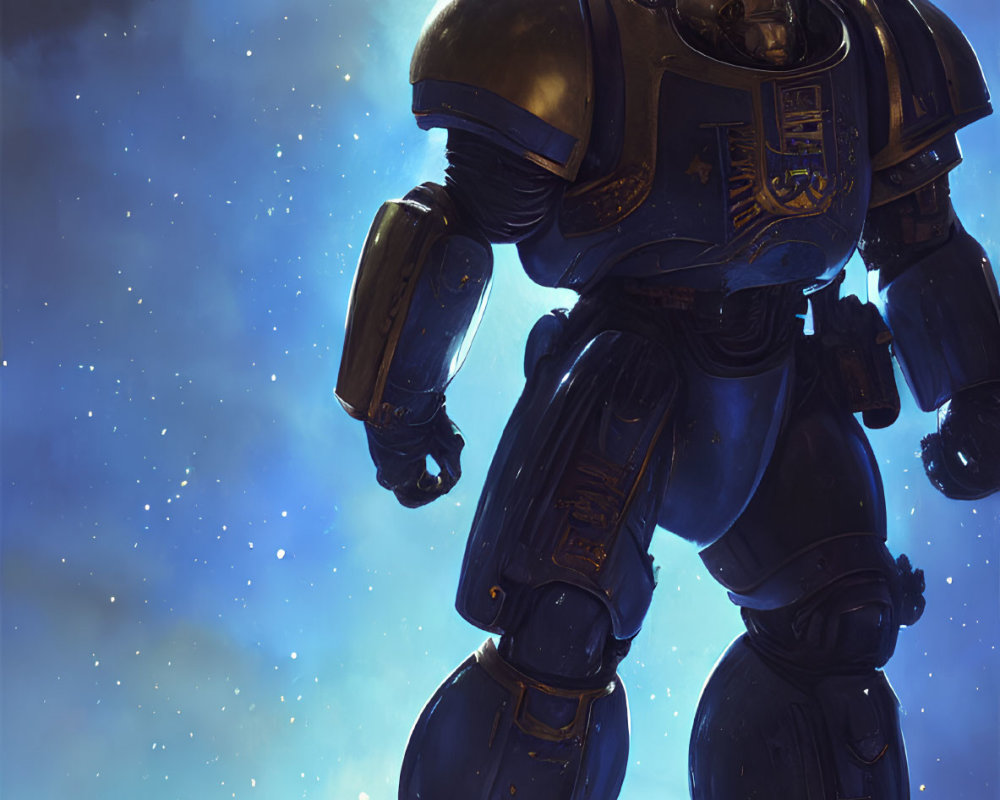 Towering Robotic Figure in Blue and Gold Armor Against Starry Sky