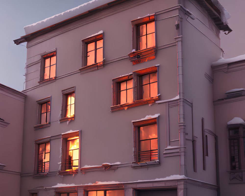 Three-story building with warm light and fire at dusk in snowy setting