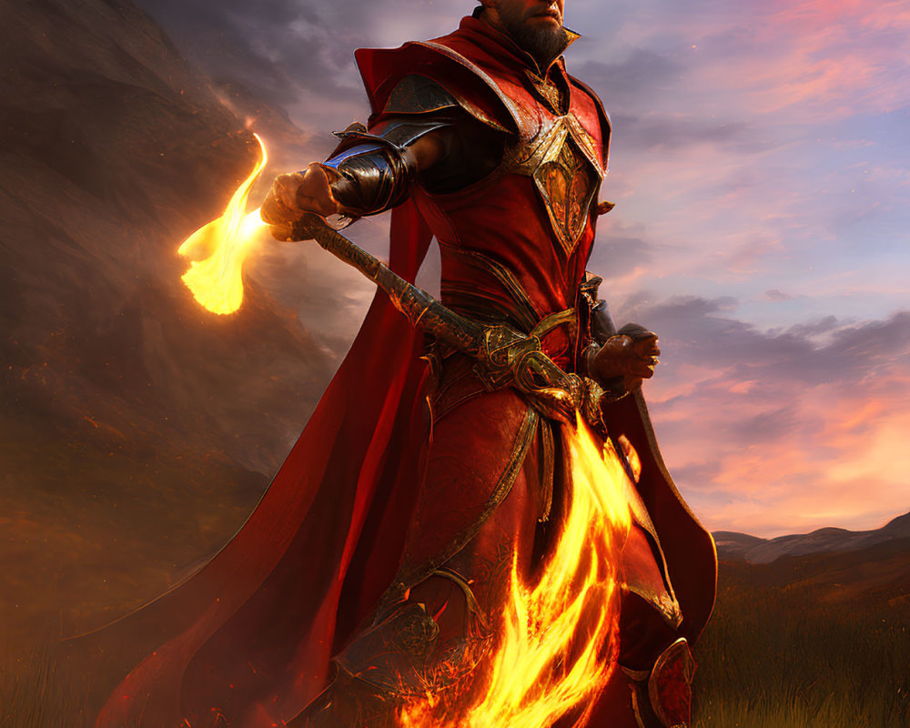 Regal figure in red cape and armor with flaming sword at dusk
