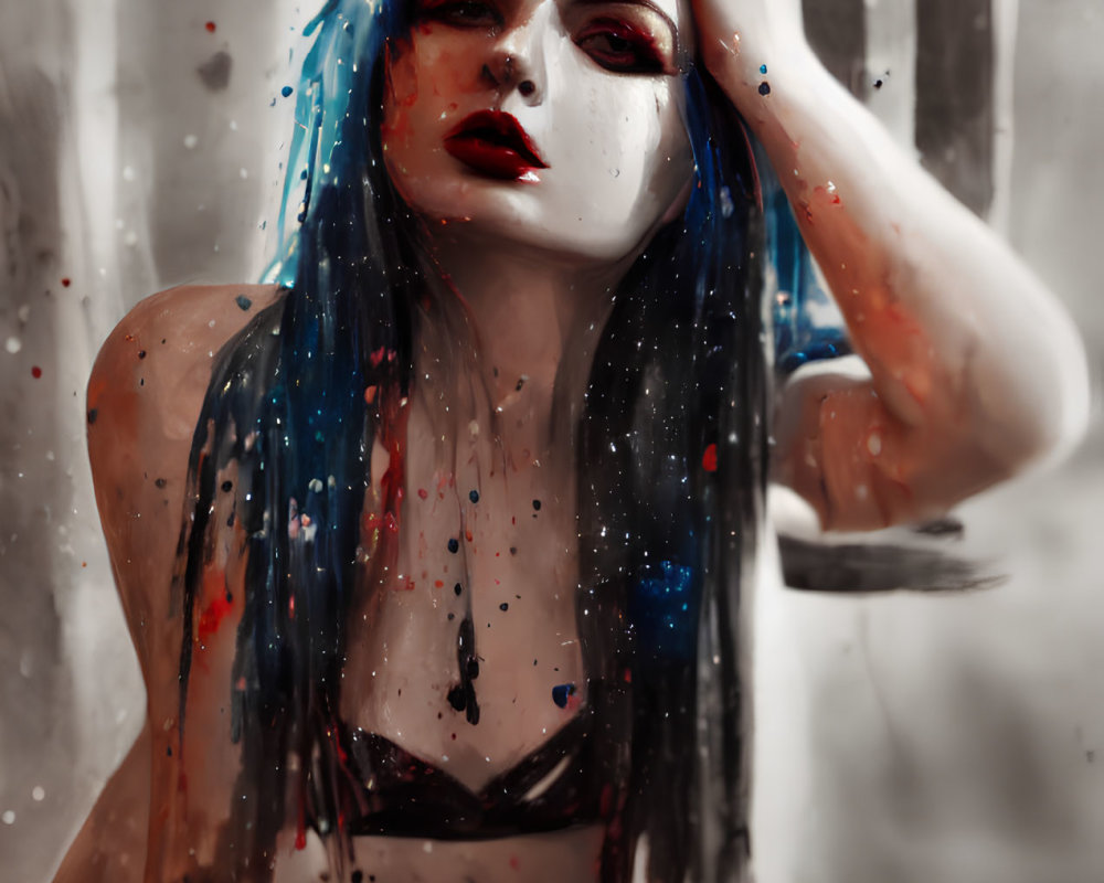 Portrait of woman with blue and black hair and striking blue makeup in contemplative pose with paint splatters
