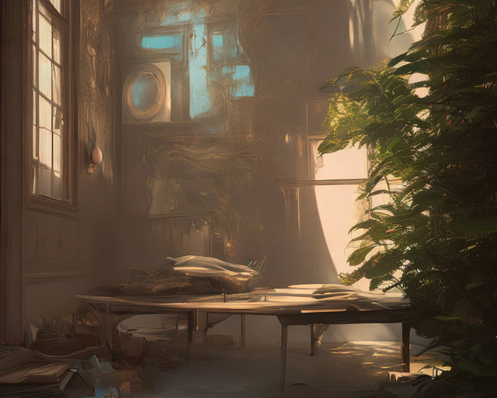 Abandoned room with sunlight, overgrown plants, and serene decay