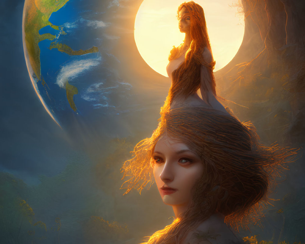 Fantastical Artwork: Entwined Female Figures with Earth and Sun Background
