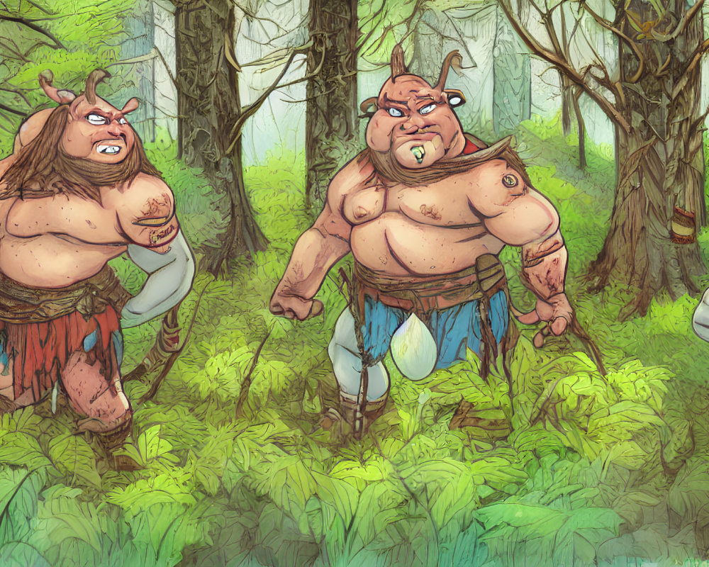 Three Cartoon Ogres in Forest: Two Tough, One Cheerful with Butterfly