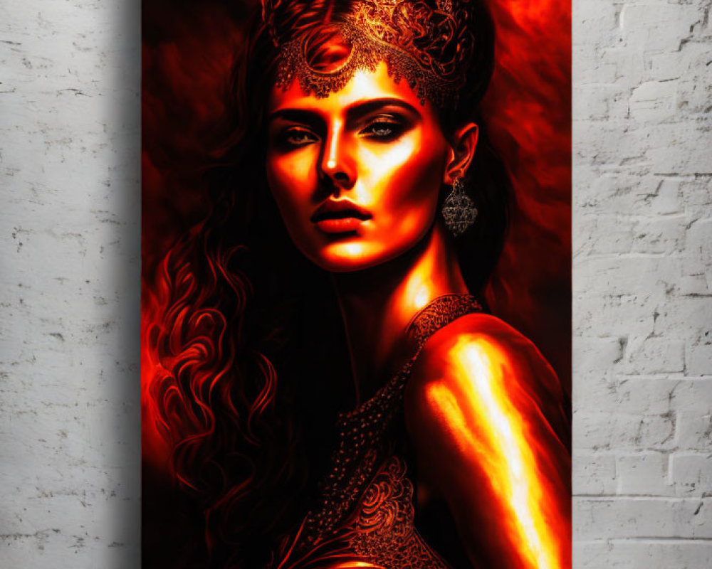 Art Poster Featuring Woman with Elaborate Headpiece and Fiery Red Tones
