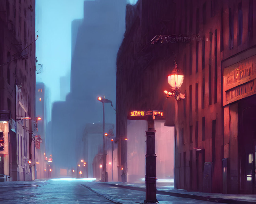 Misty urban street at twilight with glowing street lamps and towering buildings.