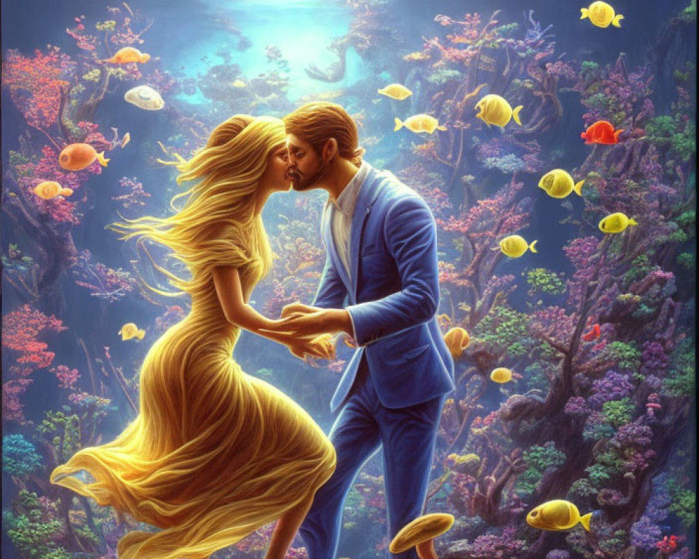 Couple kissing in colorful fish-filled ethereal aquarium