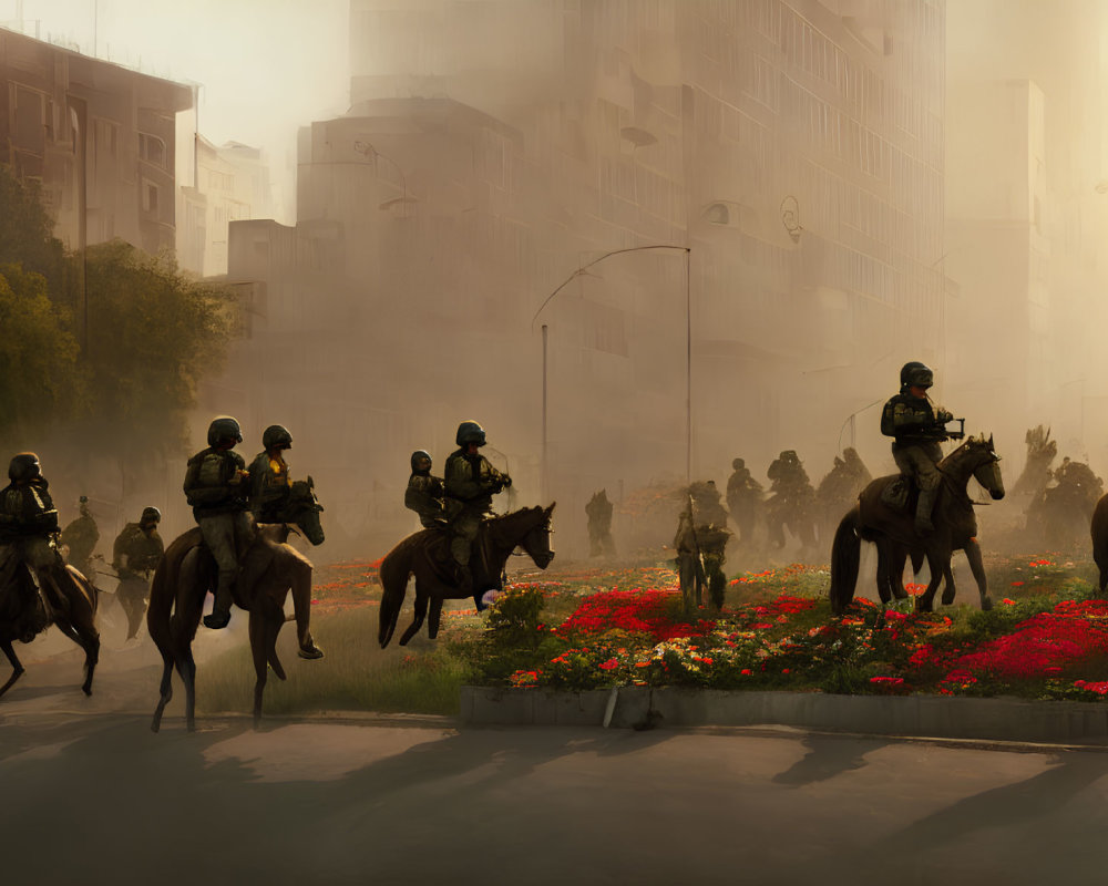 Mounted Police Patrol City with Hazy Buildings and Red Flowerbeds