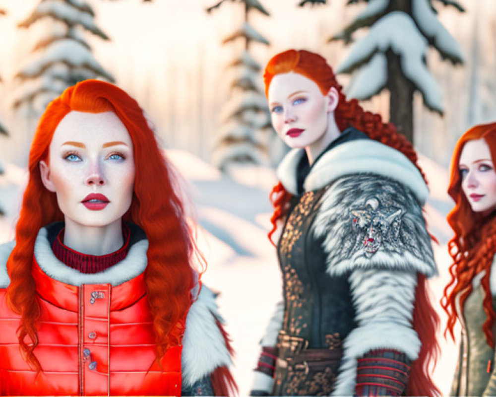 Three Red-Haired Women in Winter Clothing in Snowy Forest