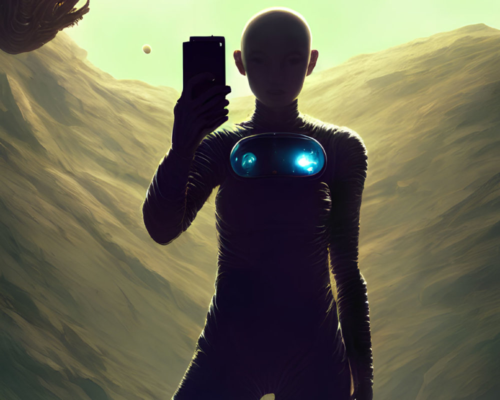 Glowing android takes selfie on alien landscape with green sky