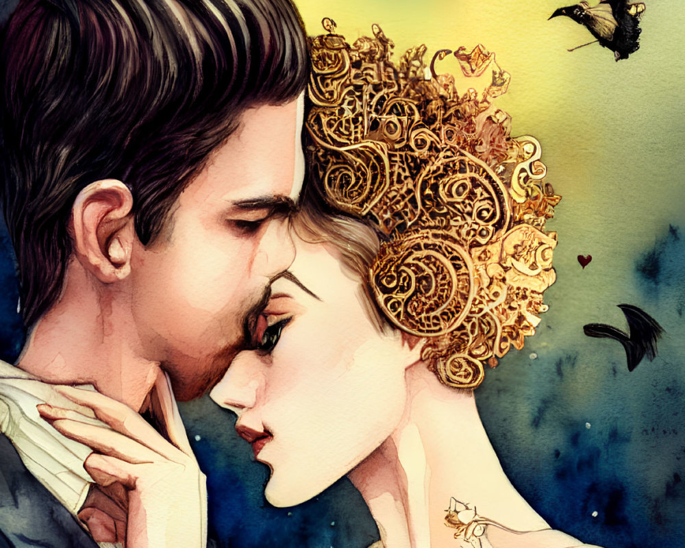 Romantic couple illustration with golden-haired woman and bird on vibrant watercolor background