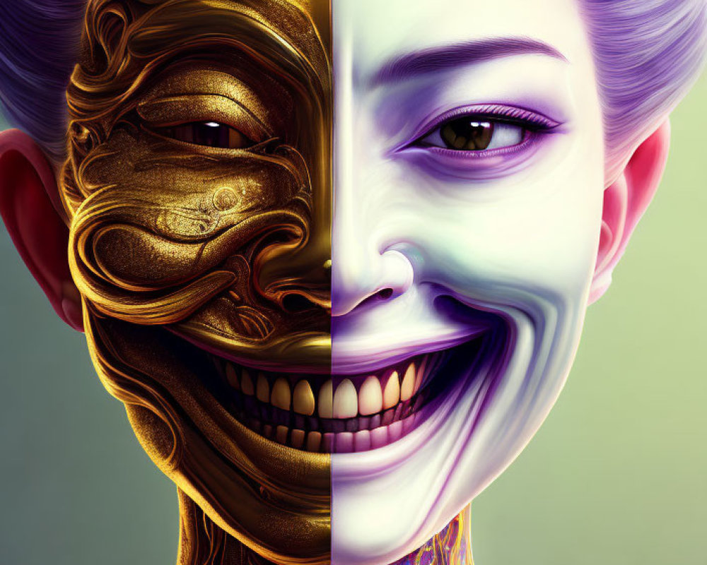 Split-face image: Golden ornate mask vs. colorful human face with joyful expressions