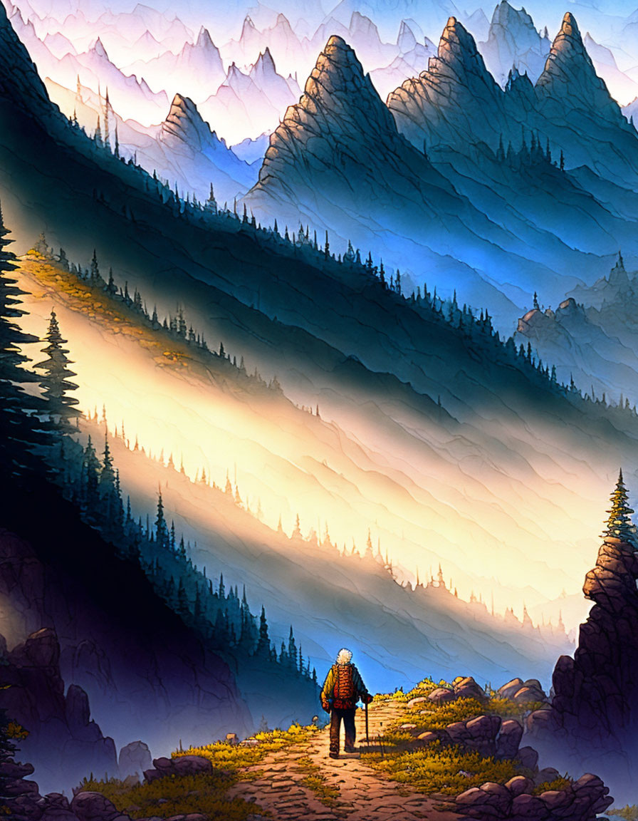 Person admires misty mountains at forest edge