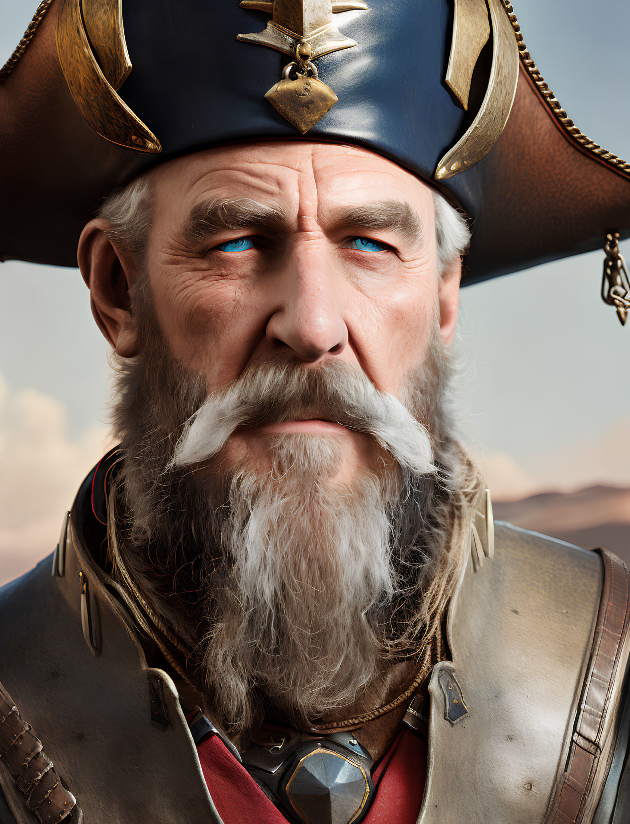 Digital artwork of older man as fantasy pirate with tricorne hat and gold accents.