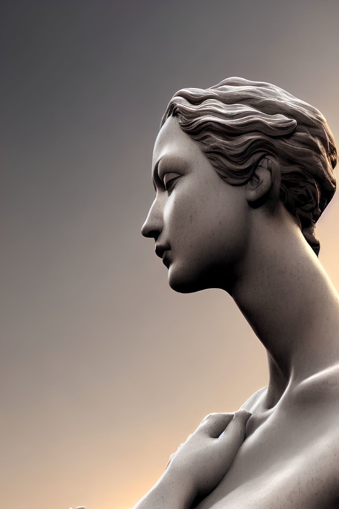 Classical female profile sculpture with detailed features on gradient sky.