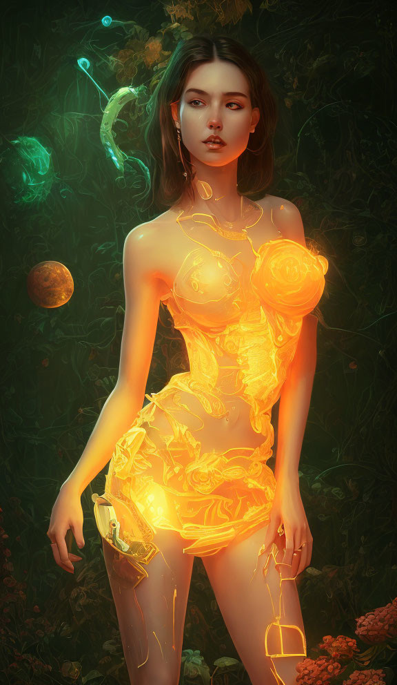 Digital artwork of woman with glowing patterns, holding lantern, amidst green foliage and orbs.