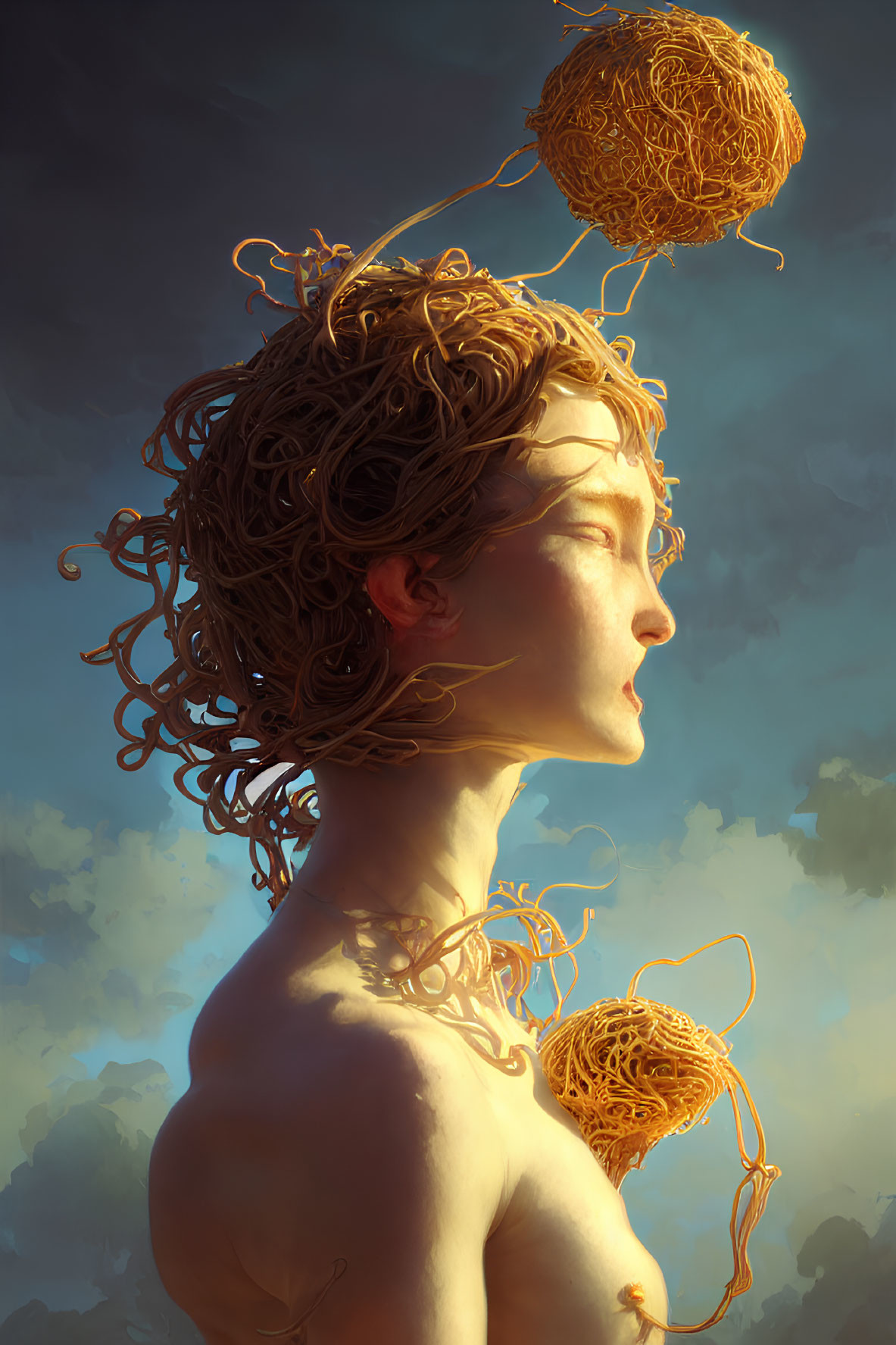 Digital artwork featuring person with curly hair and abstract thread-like elements.
