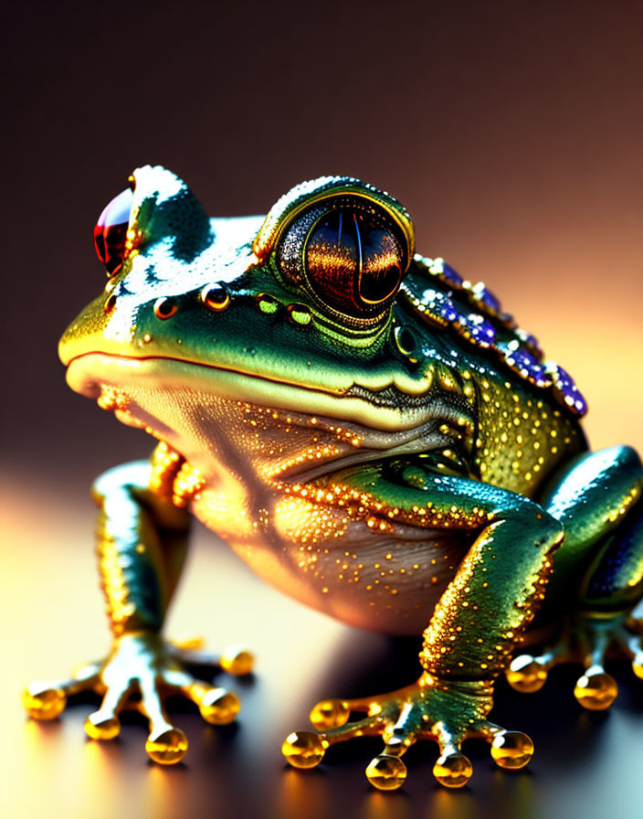 Colorful Frog with Water Droplets on Skin in Blurred Background