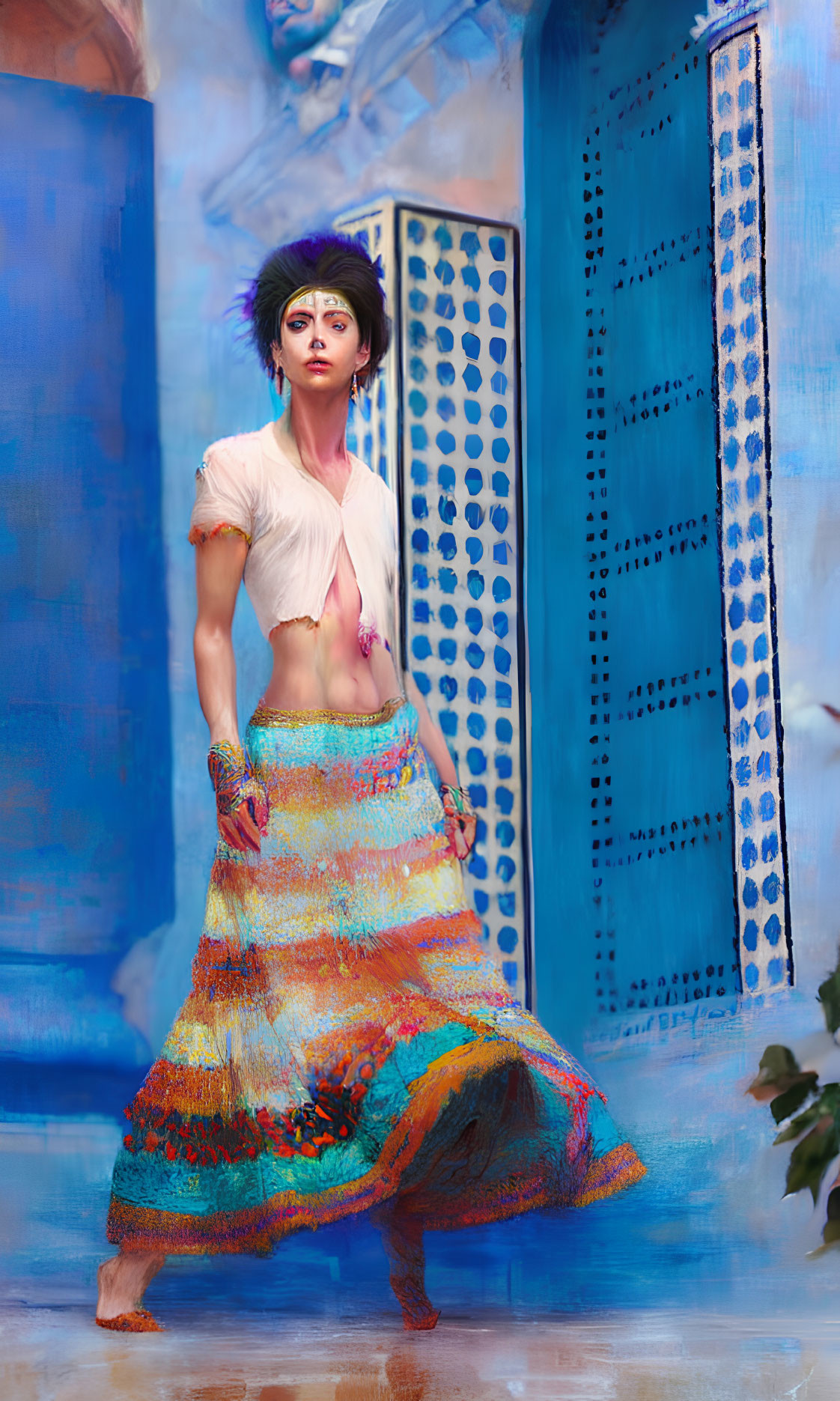 Bohemian-styled woman in colorful skirt and edgy haircut in ornate blue space