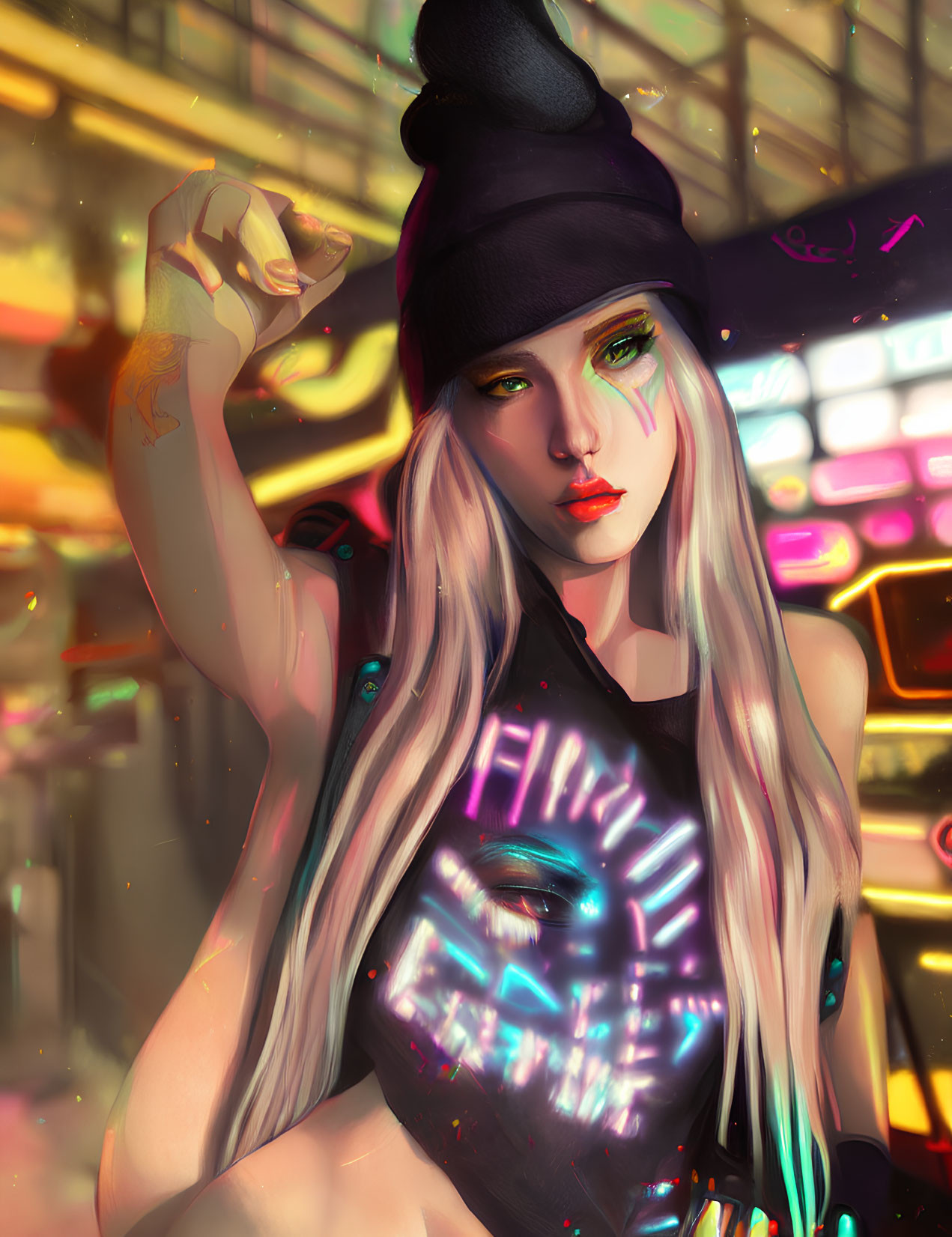 Blonde woman in beanie and neon top against arcade backdrop