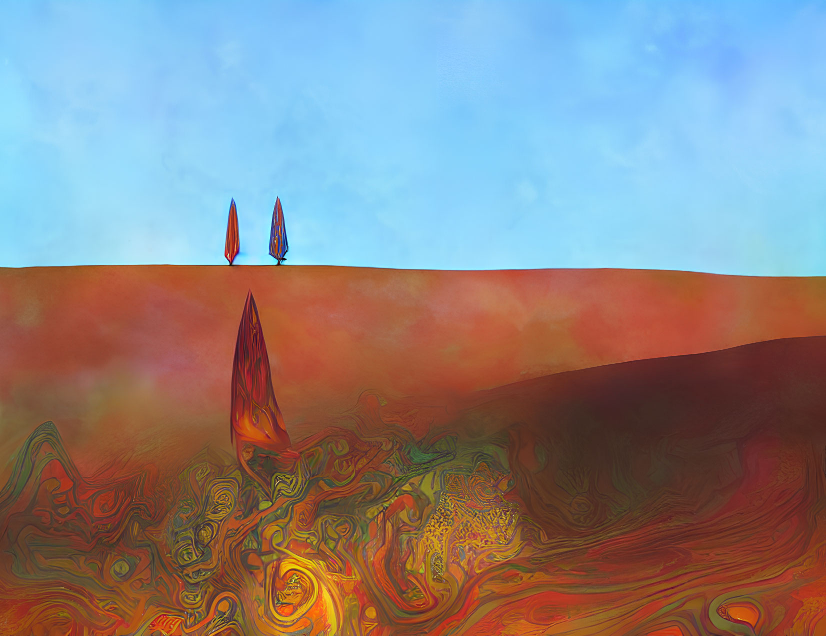 Vivid warm colors swirl in abstract digital artwork with sail-like figures