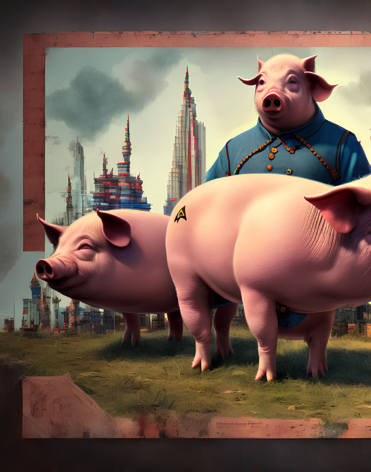 Anthropomorphic pigs in clothing with futuristic cityscape