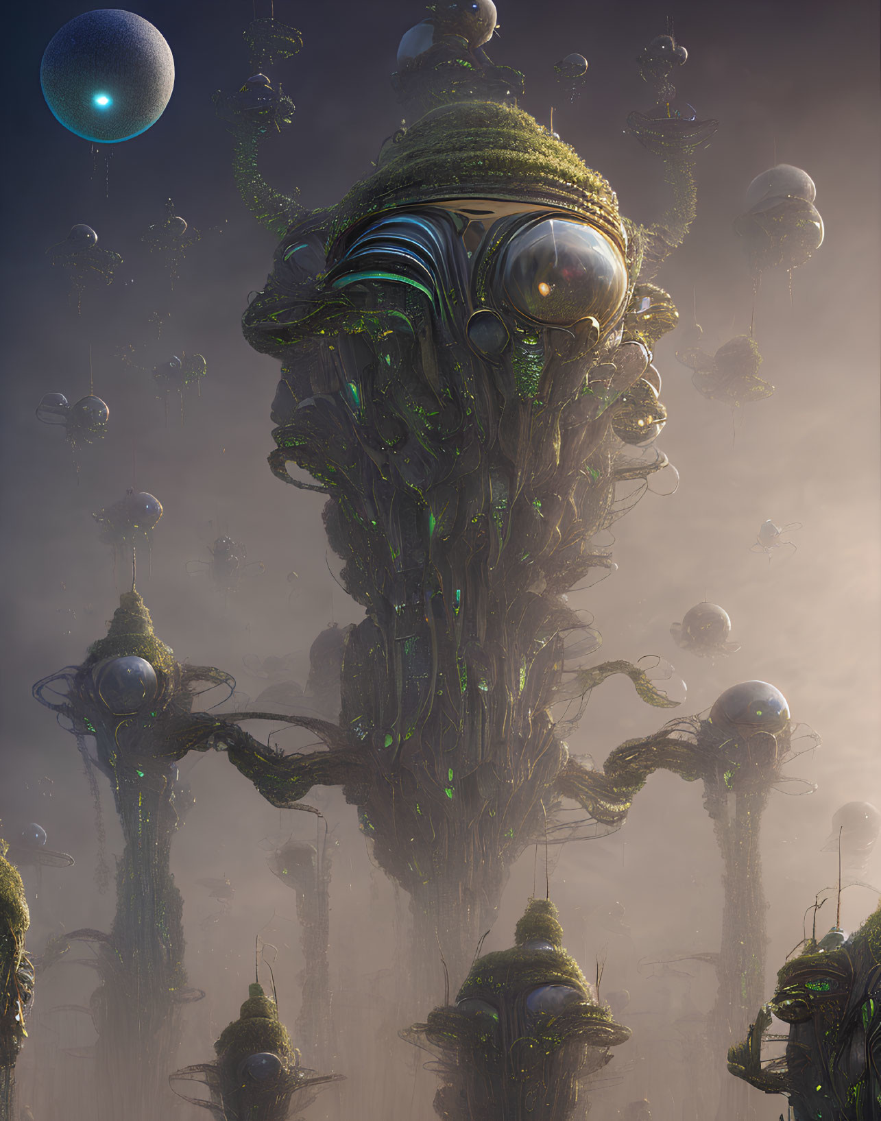 Futuristic organic towers with greenery and spherical structures in mist