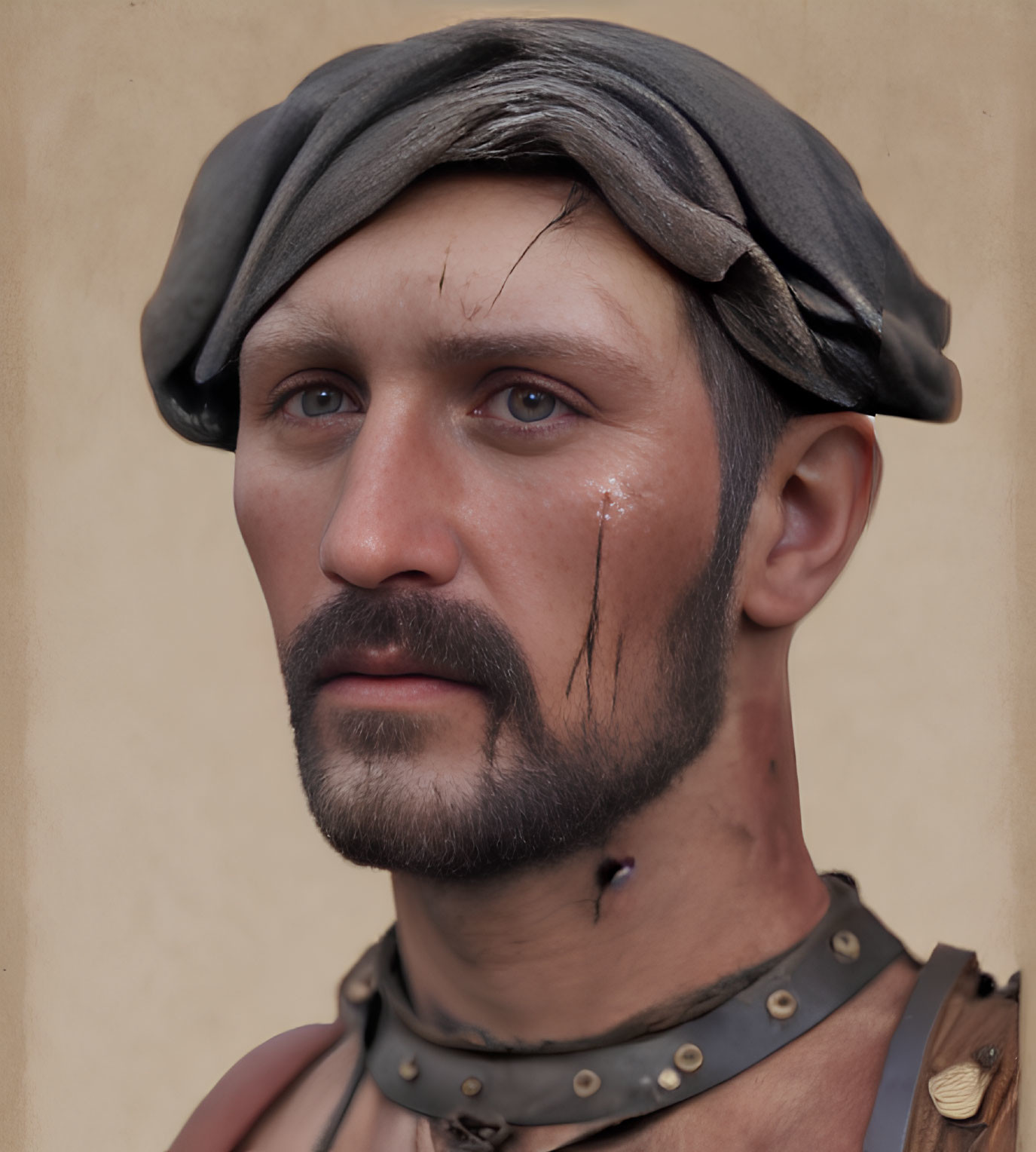 Portrait of a man with weathered face, gray headwrap, shoulder armor, and scar.