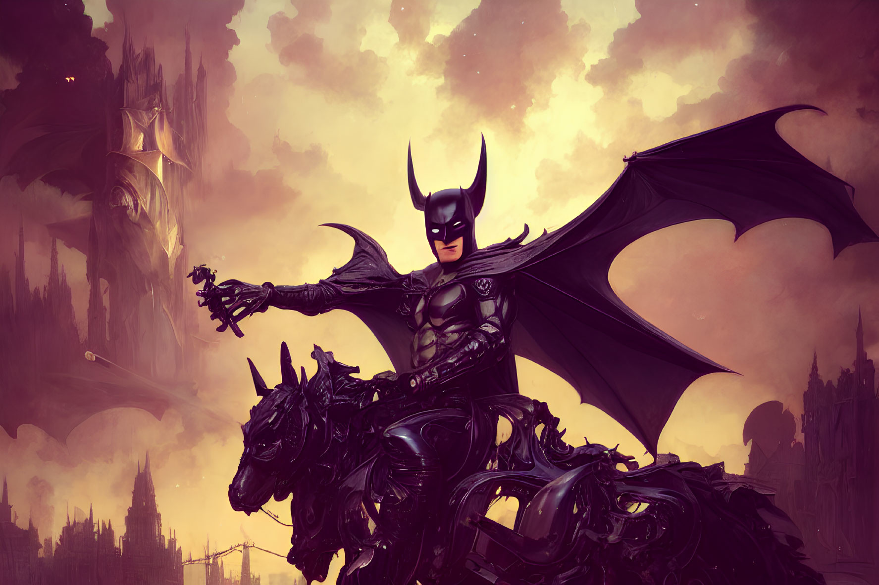 Stylized artwork of caped vigilante on mechanical steed in gothic cityscape