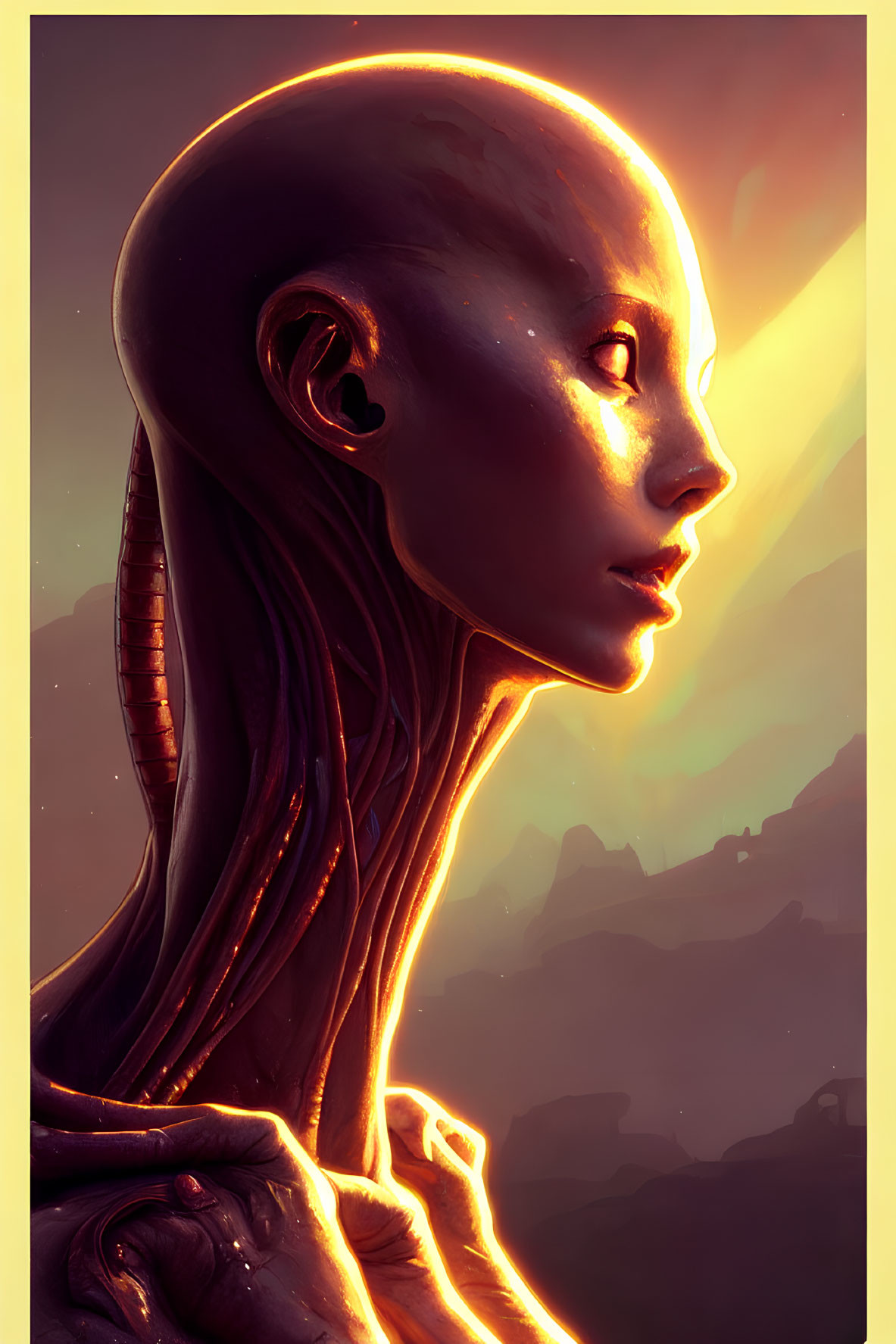 Elongated bald humanoid with glowing skin against mountainous sunset.