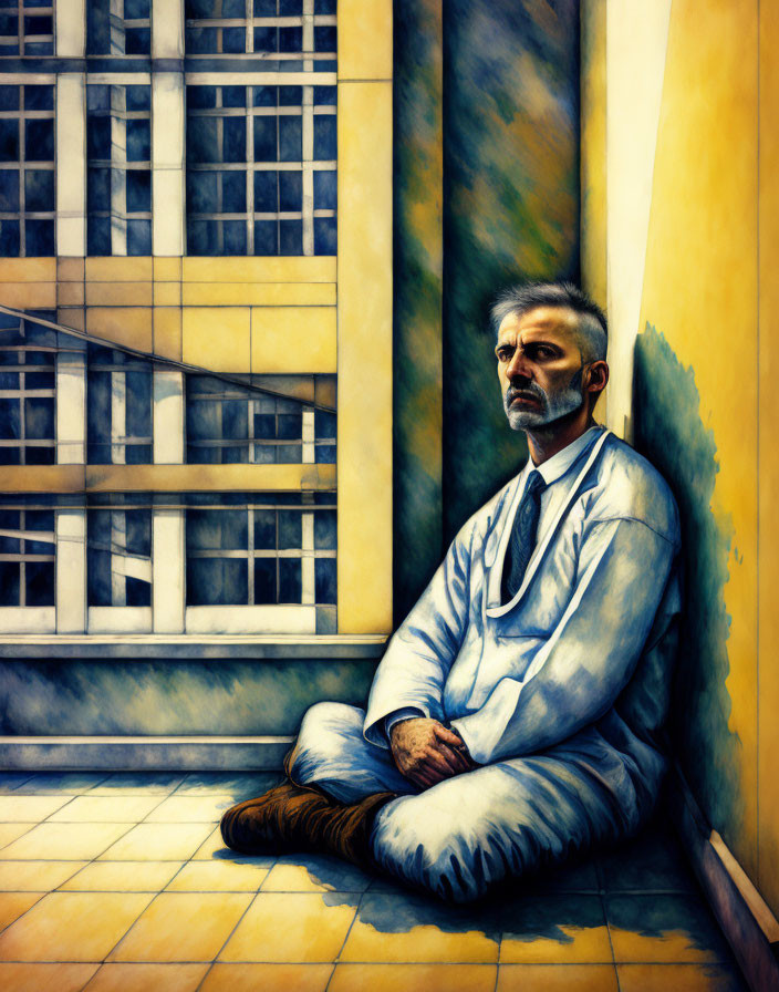 Pensive man in white coat with stethoscope against yellow wall