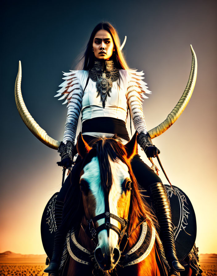 Woman with Striking Makeup Riding Horse in Elaborate Armor at Dusk