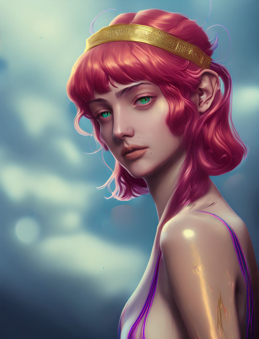 Fantasy female character with pink hair and pointed ears against cloudy sky