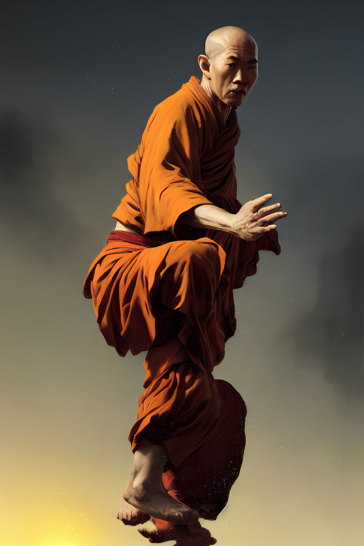 Monk in orange robes practicing balanced pose against gradient sky.