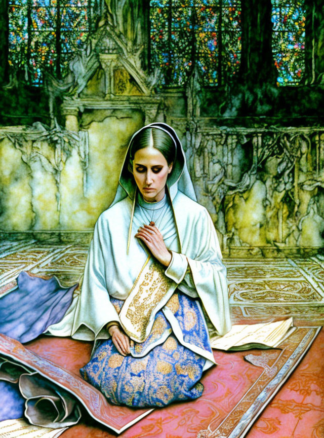 Medieval woman in prayer with rosary in chapel setting