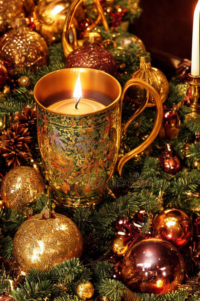 Festive candle in decorative cup with Christmas ornaments and pine branches