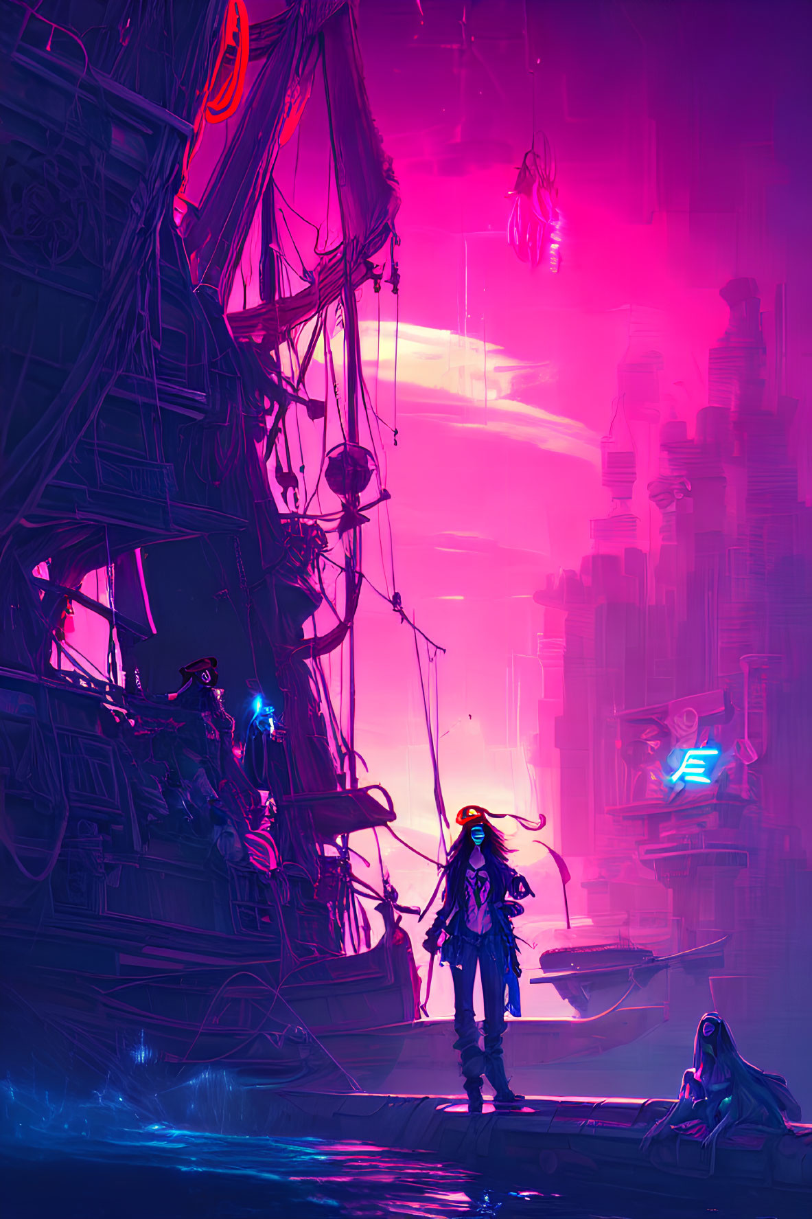 Futuristic pirate scene with neon lights and cityscape in purple haze