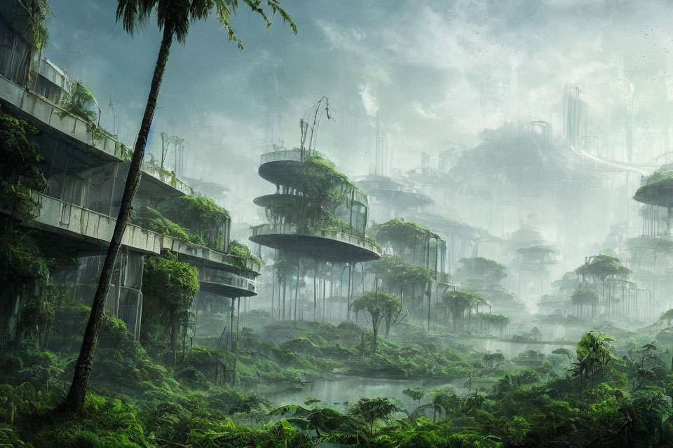 Futuristic buildings blend with lush jungle landscape