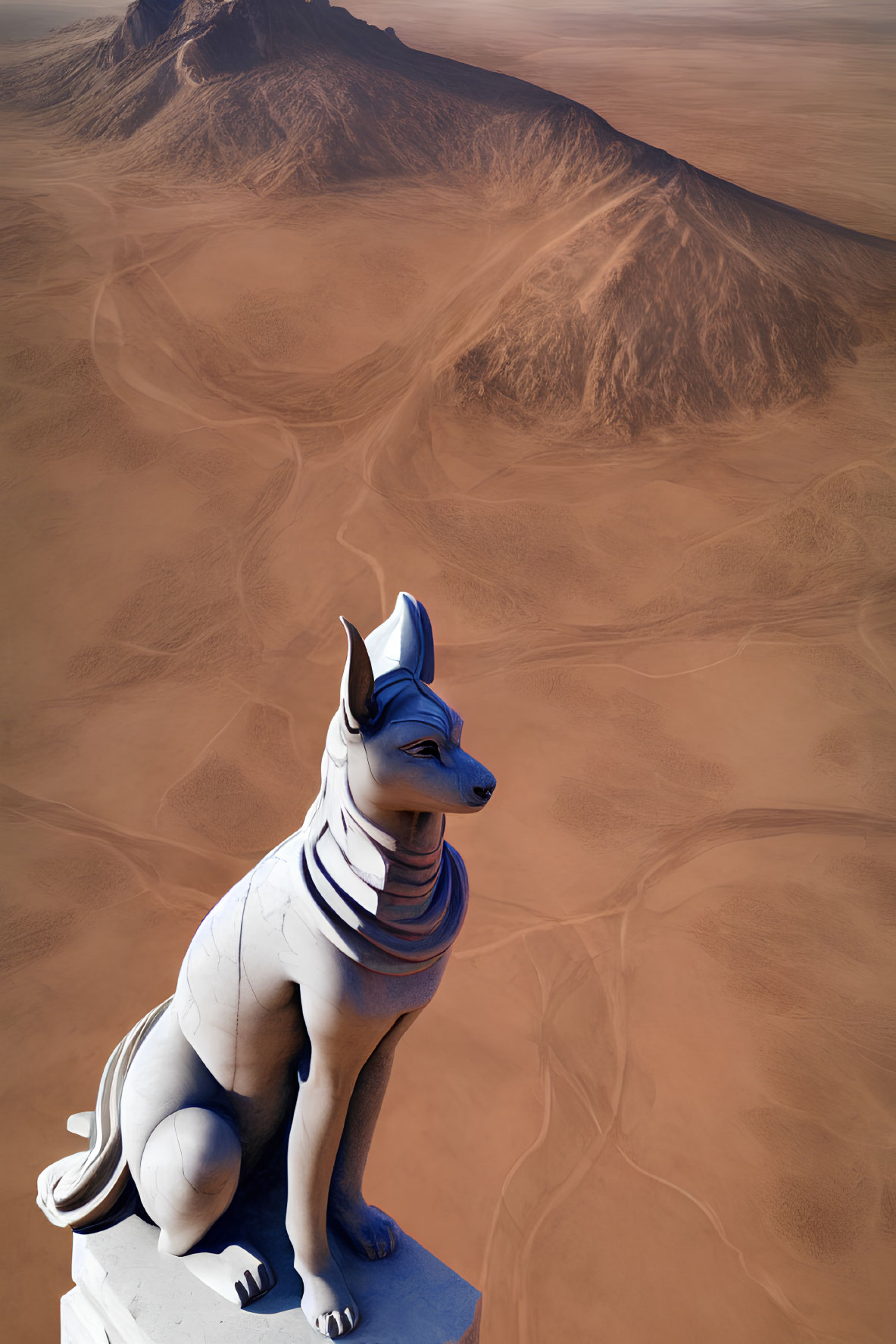 Egyptian Anubis-like statue in desert landscape with roads and mountains