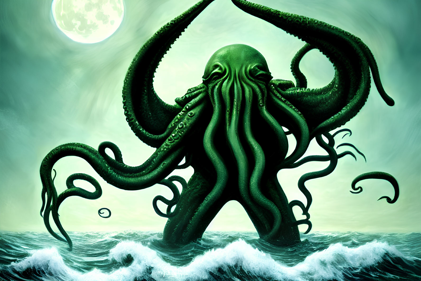 Gigantic green octopus with towering tentacles under eerie moonlit sky